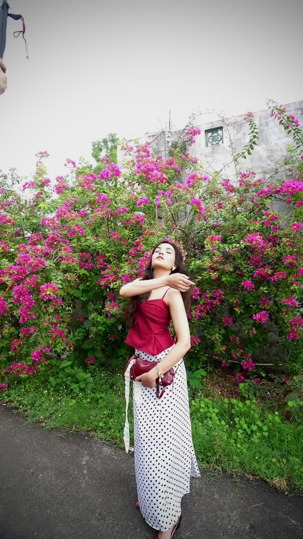 Rosy pleated top in crimson
